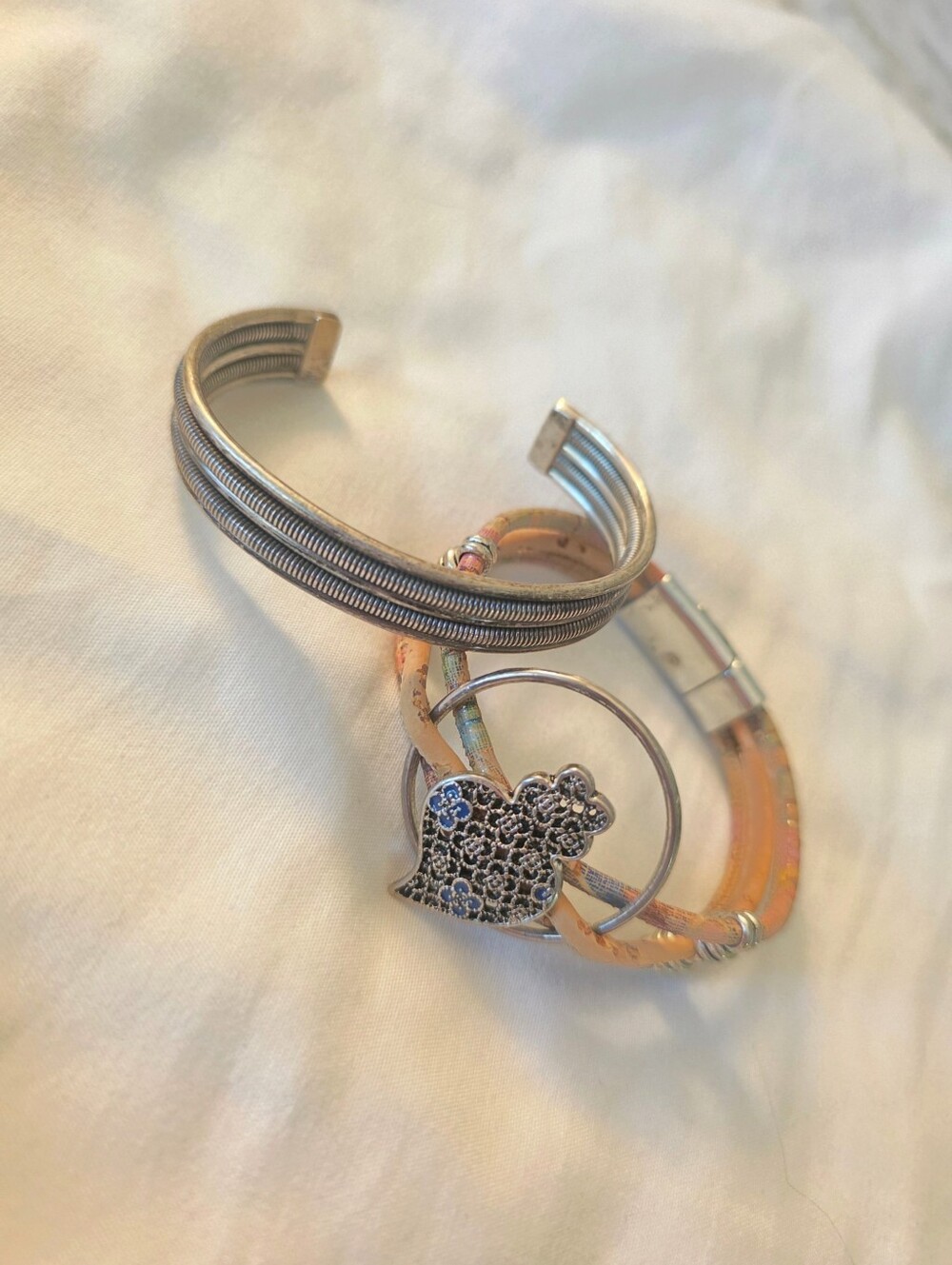 2 Bracelets Silver-Tone Multi-Row Cuff Bracelet with Heart Charm
